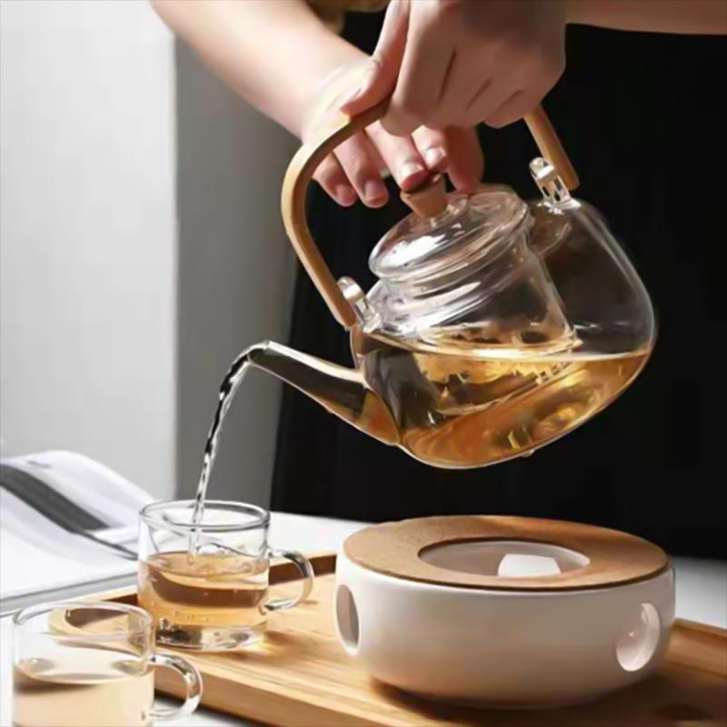 1000ml Glass Teapot Tea Pot Coffee Kettle With Bamboo Handle Japanese Style