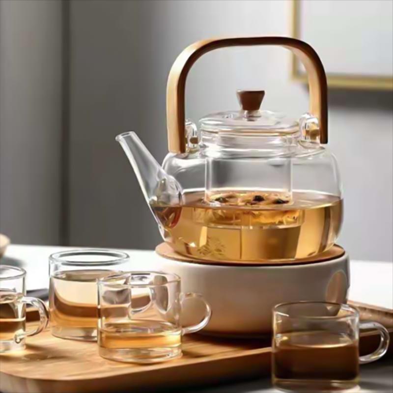 1000ml Glass Teapot Tea Pot Coffee Kettle With Bamboo Handle Japanese Style