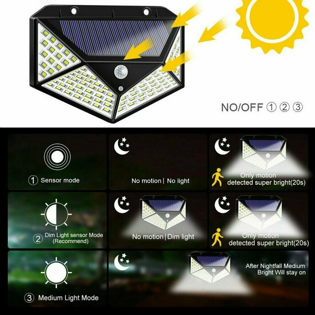 100 LED Solar Power PIR Motion Sensor Outdoor Yard Garden Wall Lamp Light