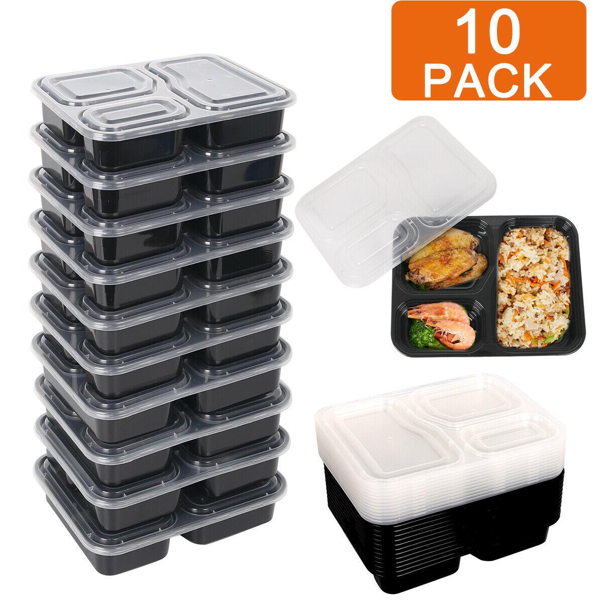 10 Pack 3 Compartments Meal Prep Food Containers BPA FREE Reusable Lunch Boxes