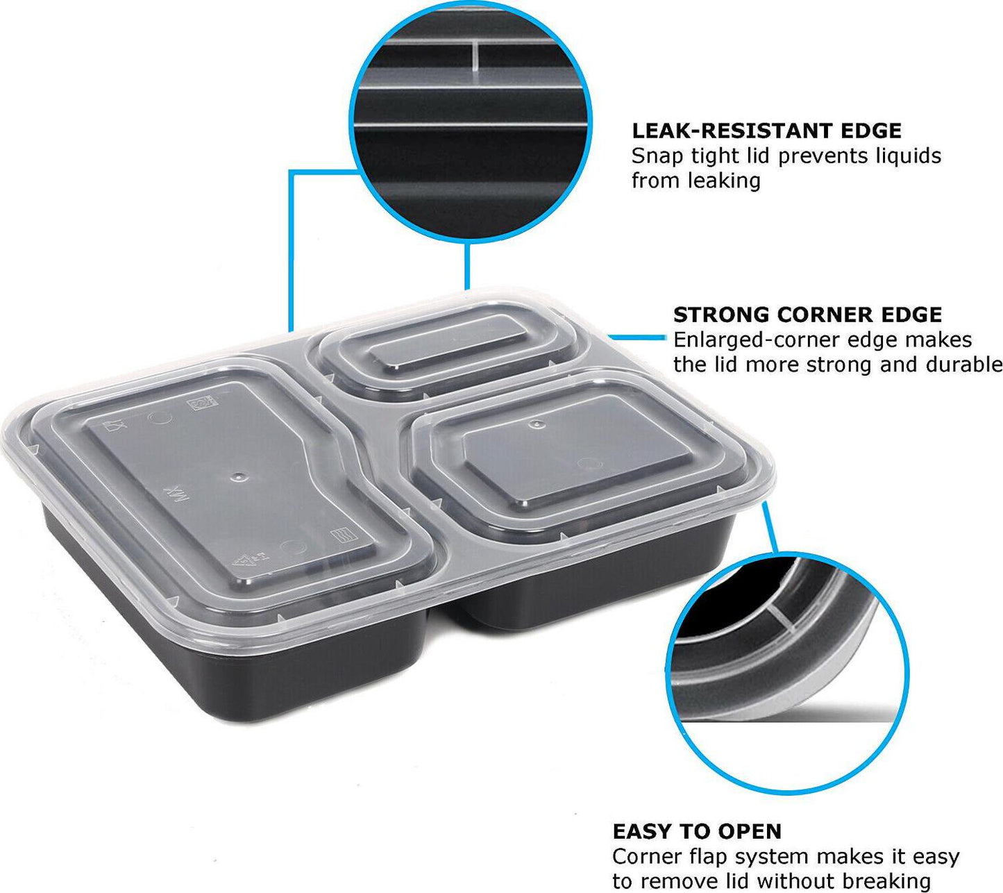 10 Pack 3 Compartments Meal Prep Food Containers BPA FREE Reusable Lunch Boxes