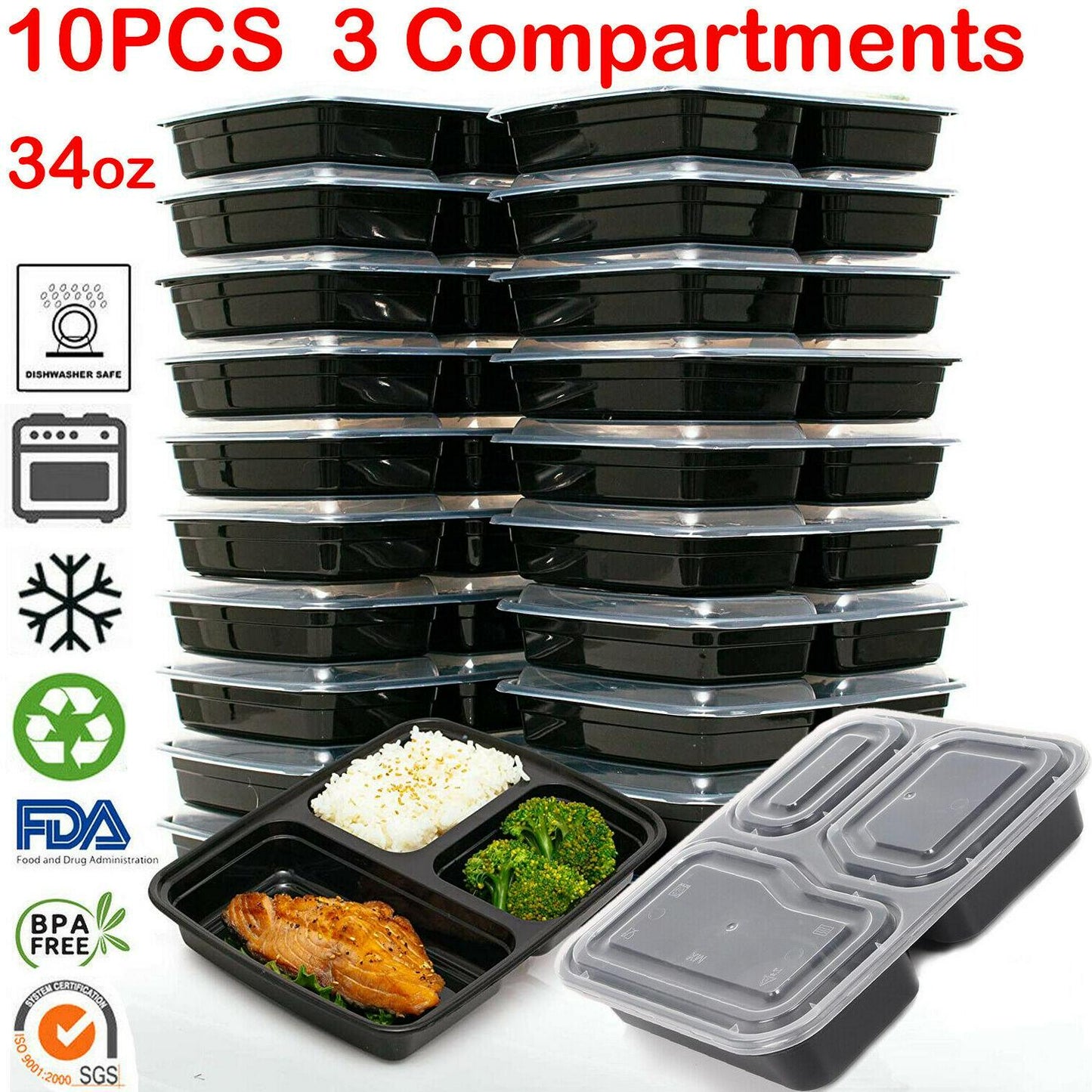 10 Pack 3 Compartments Meal Prep Food Containers BPA FREE Reusable Lunch Boxes