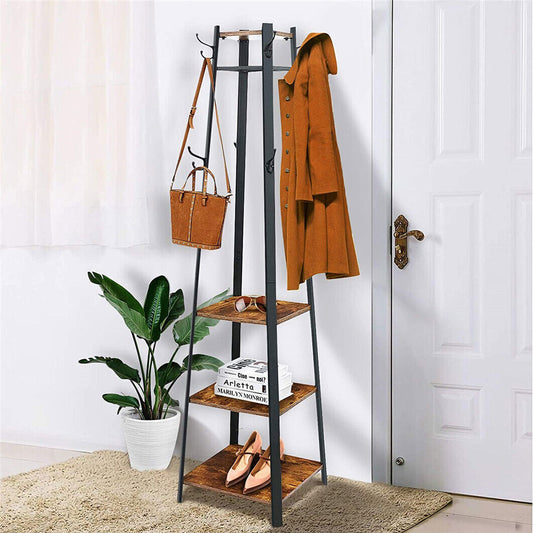 1.8M Strong Metal Coat Rack Stand with 8 Dual Hooks Entryway Hall Trees Shelves