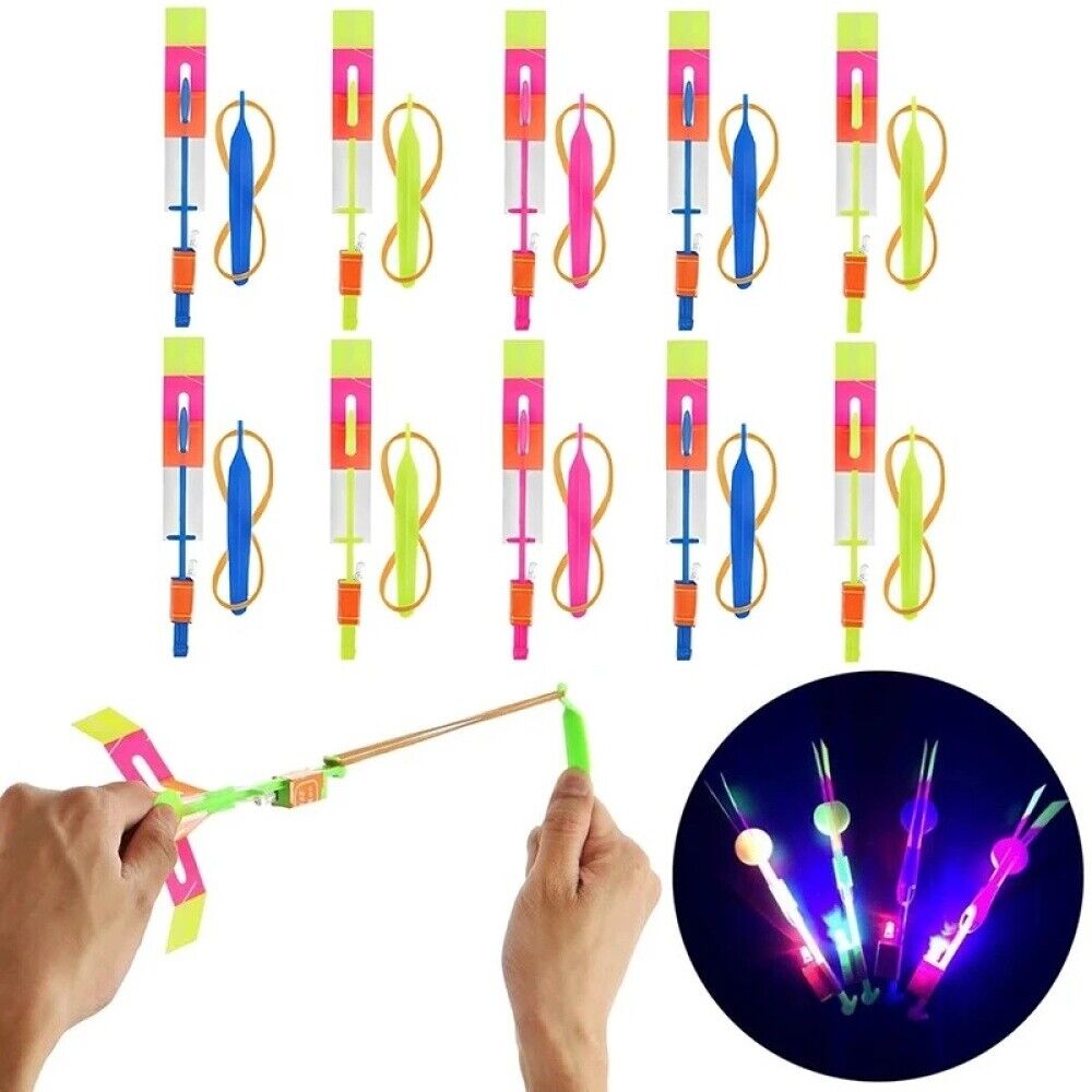 10 Slingshot Arrow Copters LED Light Helicopter Flying Elastic For Kids Toy Gift