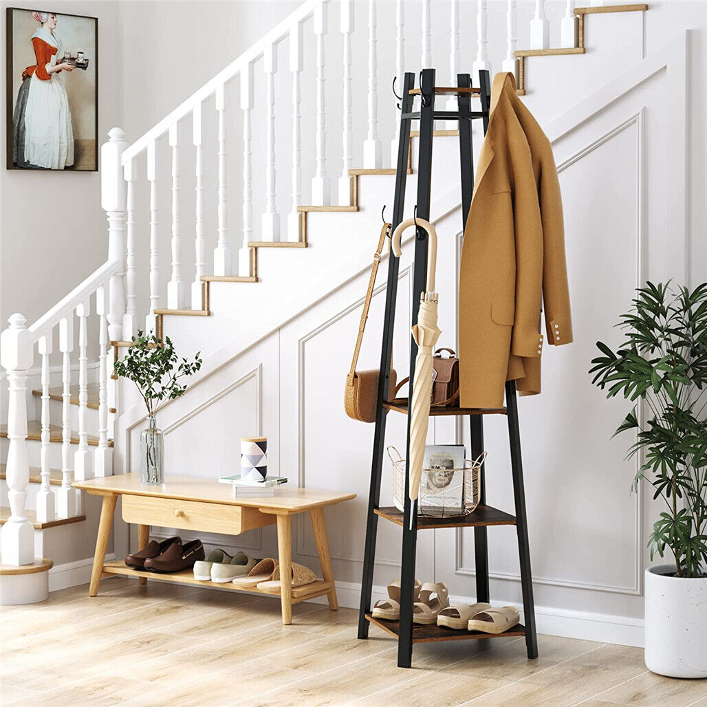 1.8M Strong Metal Coat Rack Stand with 8 Dual Hooks Entryway Hall Trees Shelves