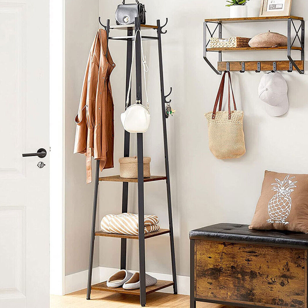 1.8M Strong Metal Coat Rack Stand with 8 Dual Hooks Entryway Hall Trees Shelves