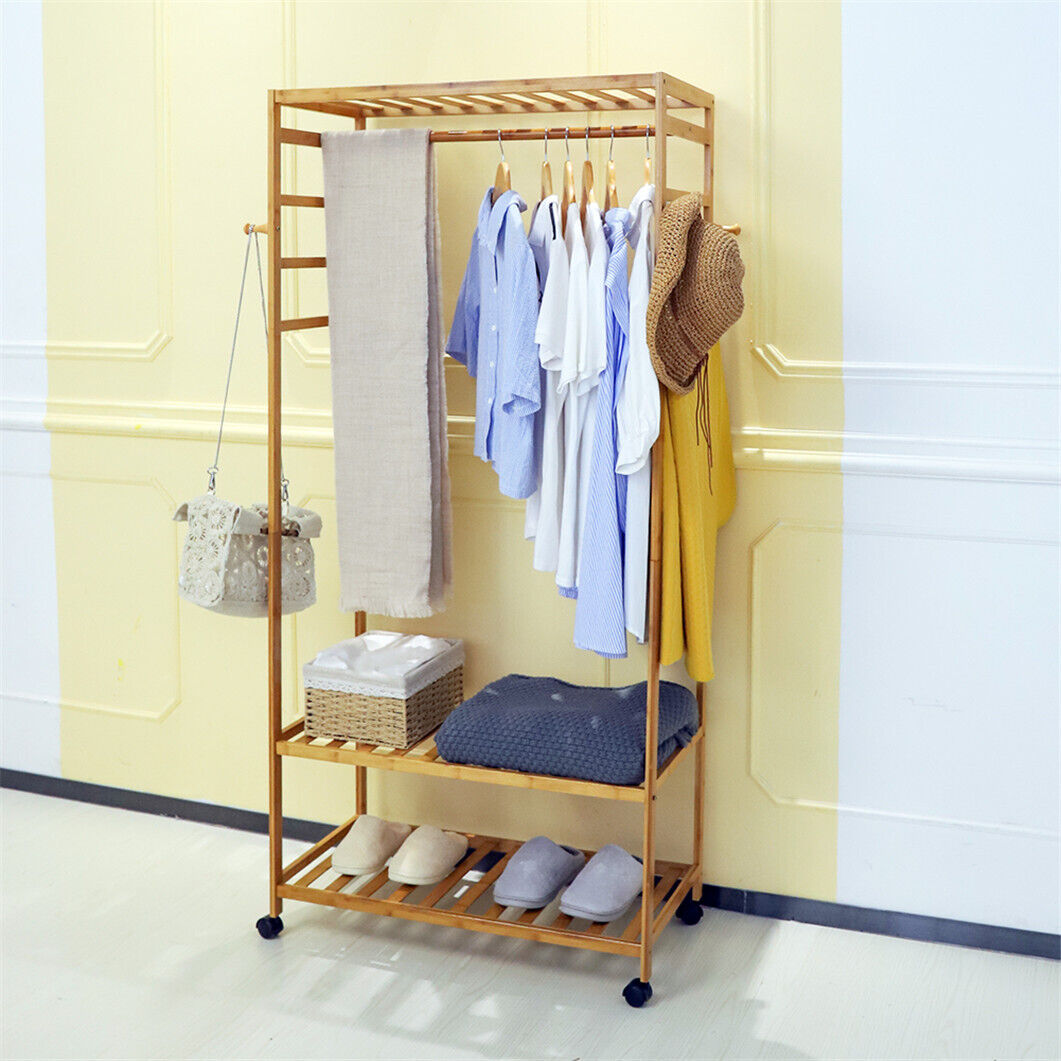 100 kg Heavily Hold Wood Garment Rack Stand Clothes Coat Dresses Hanging Shelves