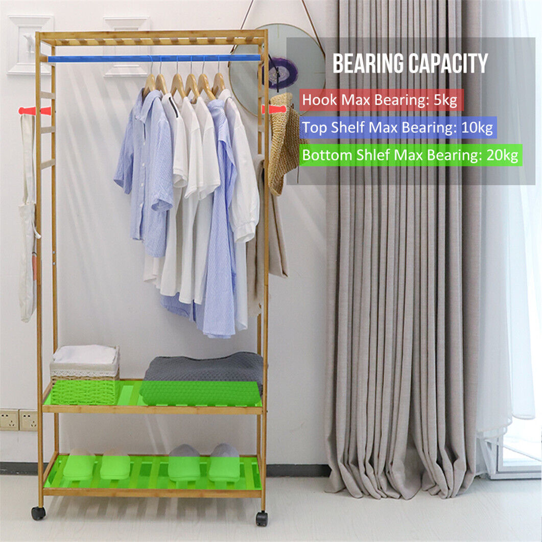 100 kg Heavily Hold Wood Garment Rack Stand Clothes Coat Dresses Hanging Shelves