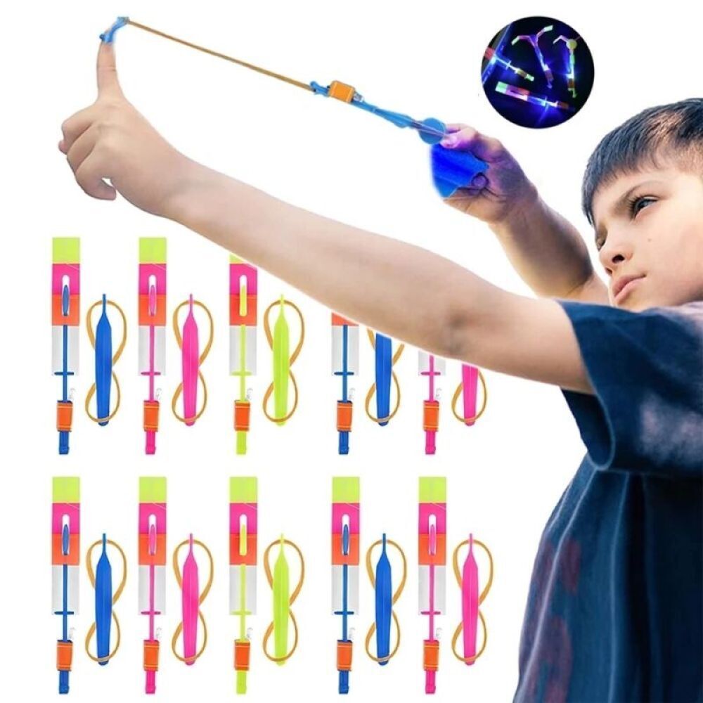 10 Slingshot Arrow Copters LED Light Helicopter Flying Elastic For Kids Toy Gift