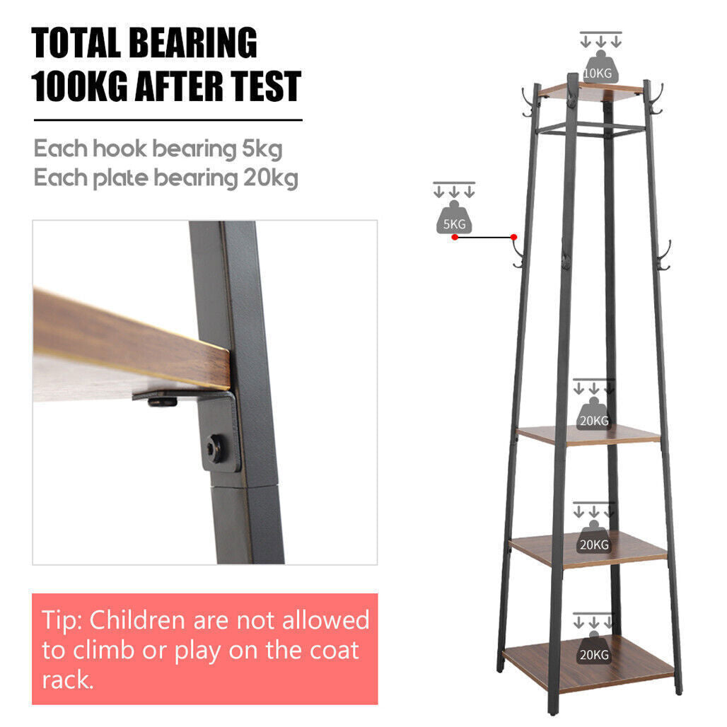 1.8M Strong Metal Coat Rack Stand with 8 Dual Hooks Entryway Hall Trees Shelves